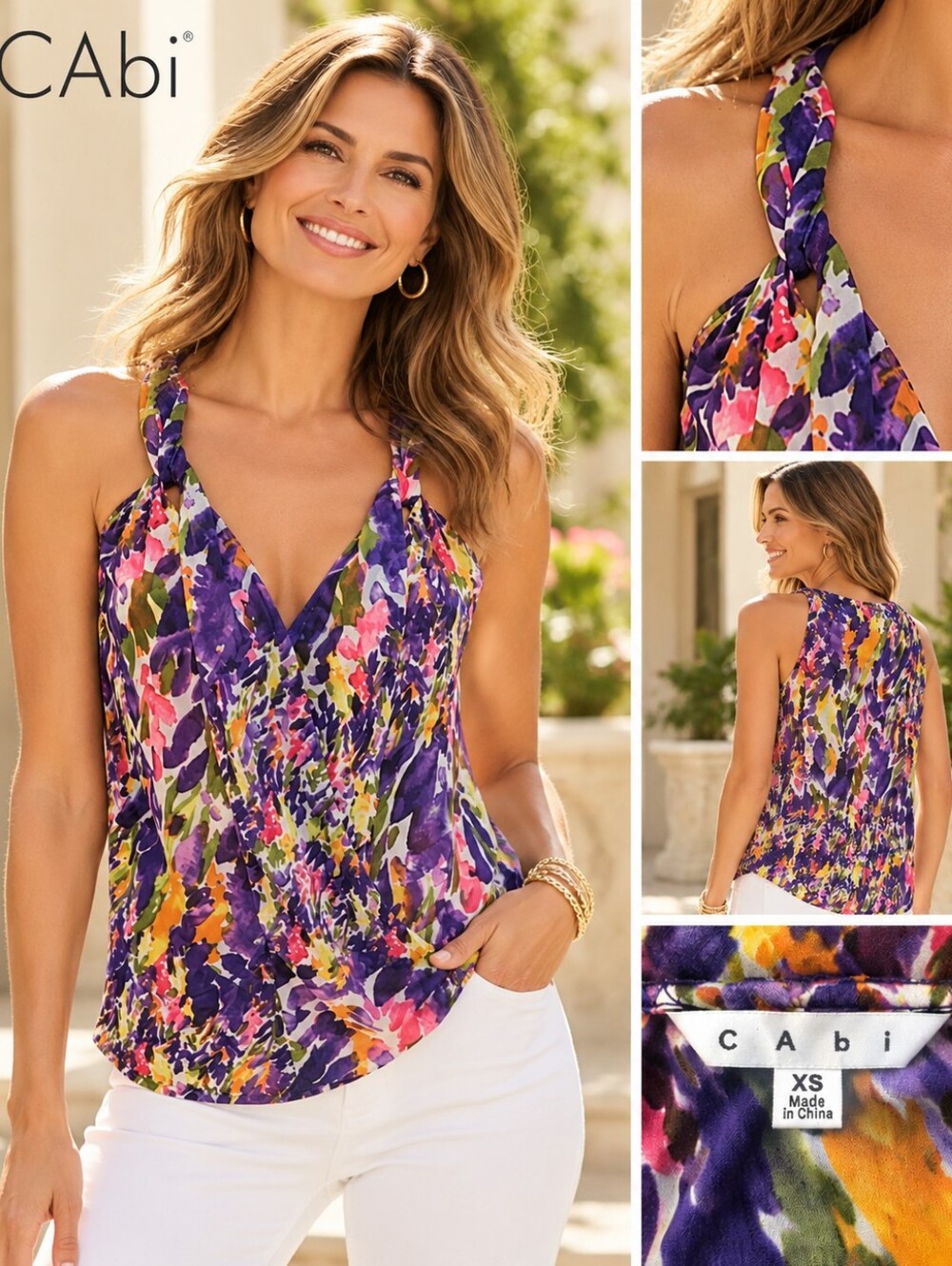 CAbi Purple Multi-Color Floral Halter V-Neck Camisole